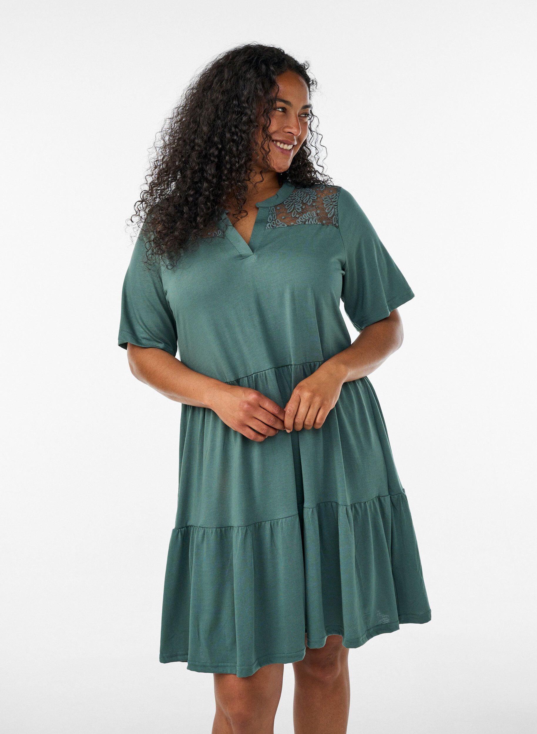 Zizzifashion Jersey dress with lace details and a layered skirt, Green, Model image number 0