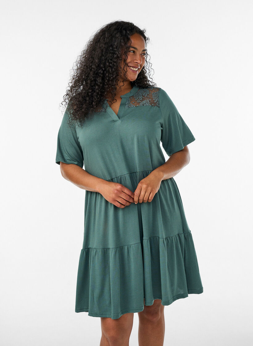 Jersey dress with lace details and a layered skirt, Green, Model image number 0