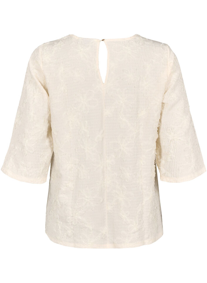 Blouse with 3/4 sleeves and 3D flowers, Warm Off-white, Packshot image number 1