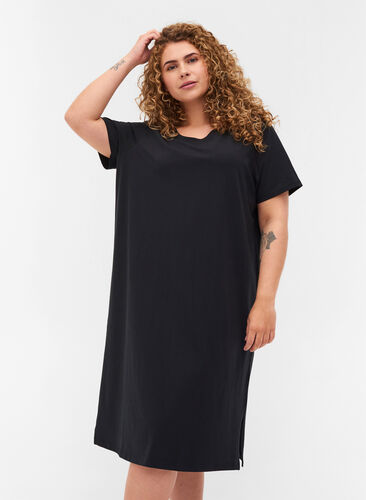 Short-sleeved dress in cotton with slit, Black, Model image number 0