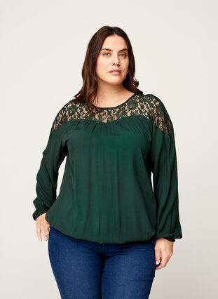 Long-sleeved viscose blouse with lace, Darkest Spruce, Model image number 0