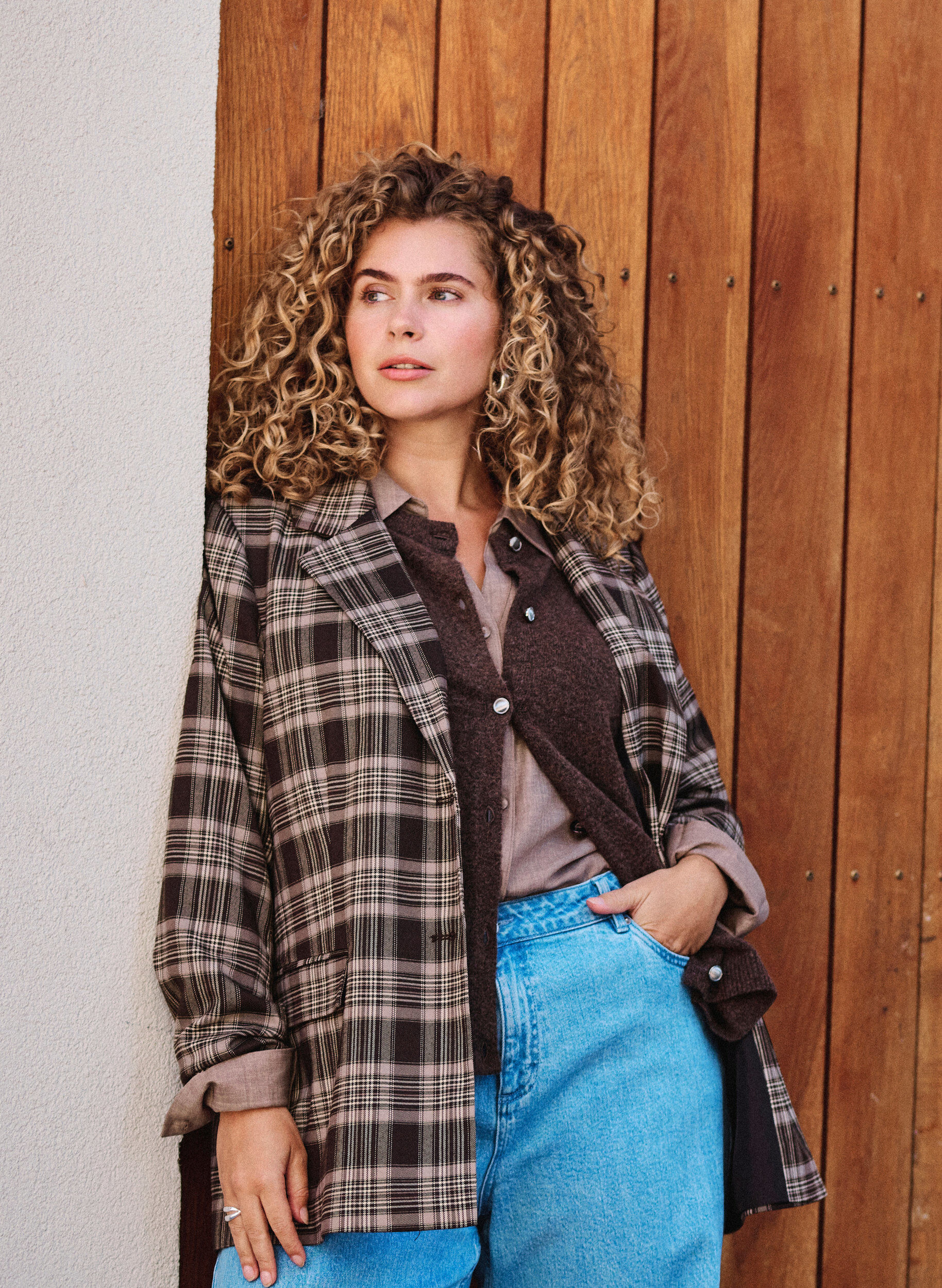 ZizzifashionChecked blazer with pockets and back vent, Brown, Image image number 0