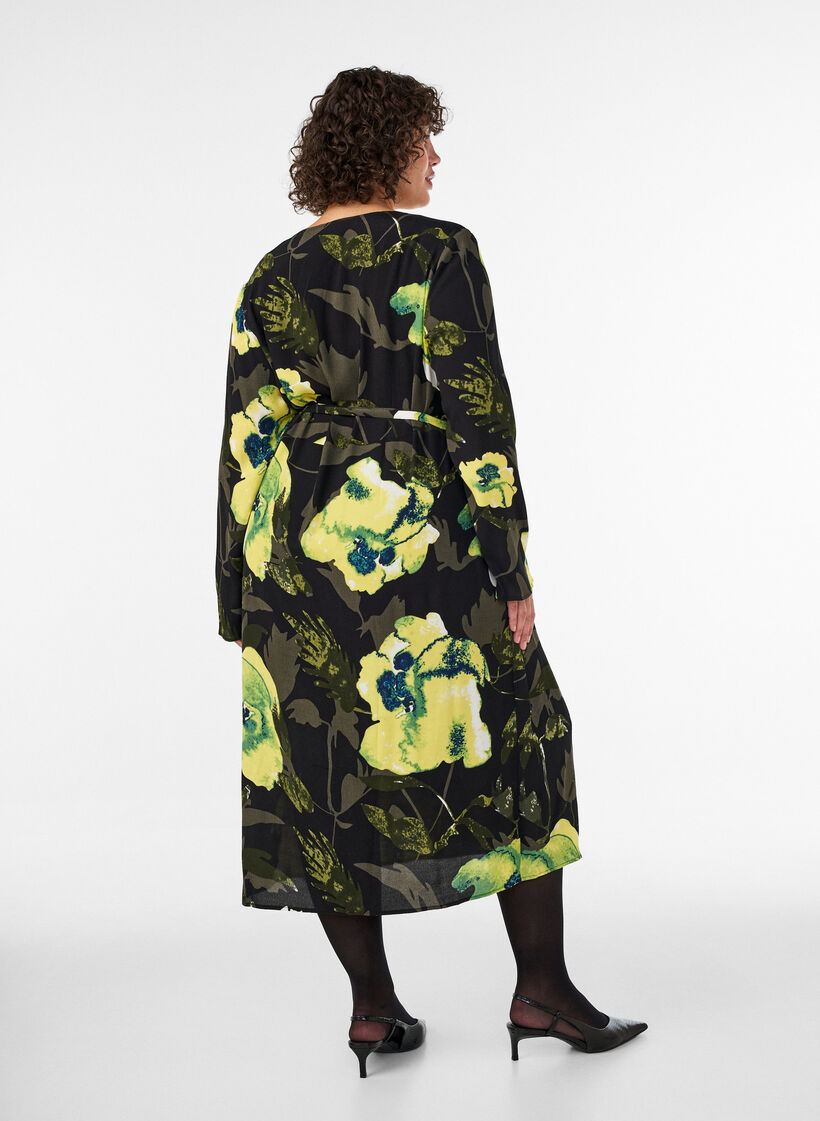 Floral wrap dress in viscose with a tie belt, Black, Model image number 1