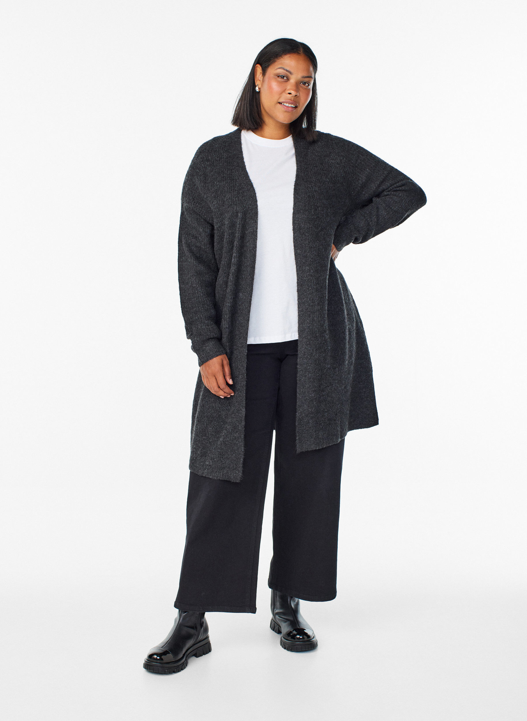 Zizzifashion Long ribbed cardigan with an open front, Dark Grey, Model image number 1