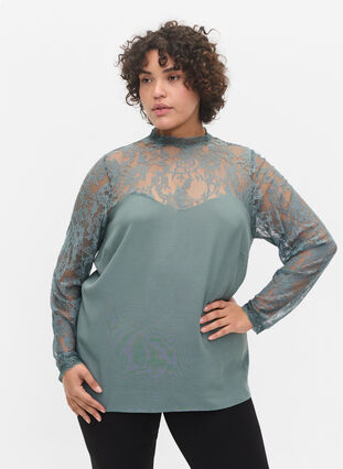Long-sleeved viscose blouse with lace, Balsam Green, Model image number 0