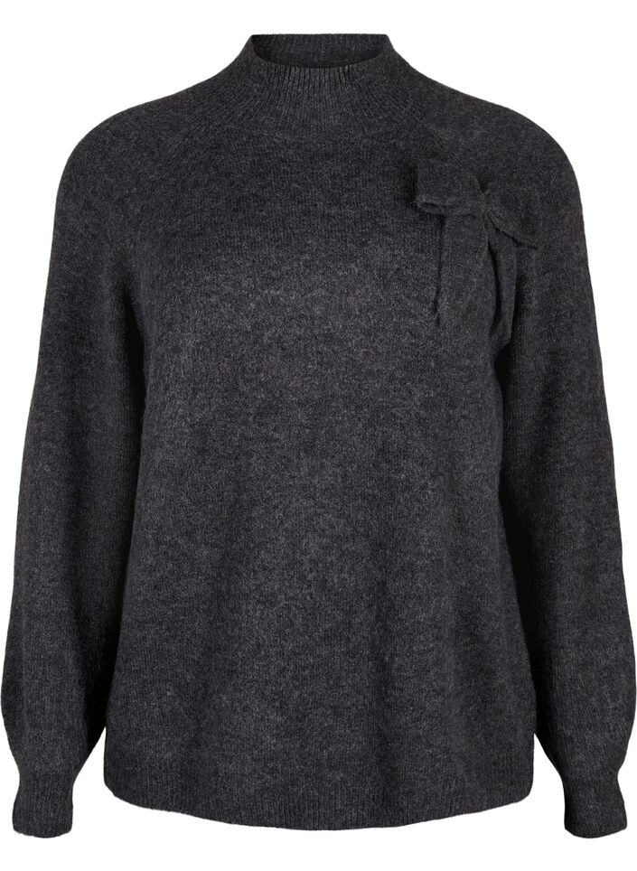 Knitted blouse with bow detail, Dark Grey White Mel., Packshot image number 0