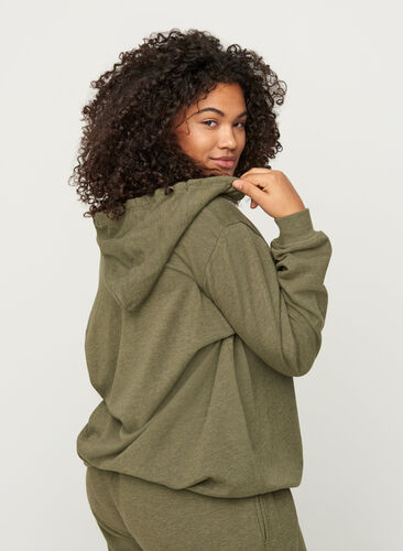 Sweat cardigan with a zip and hood, Ivy green Melange, Model image number 1