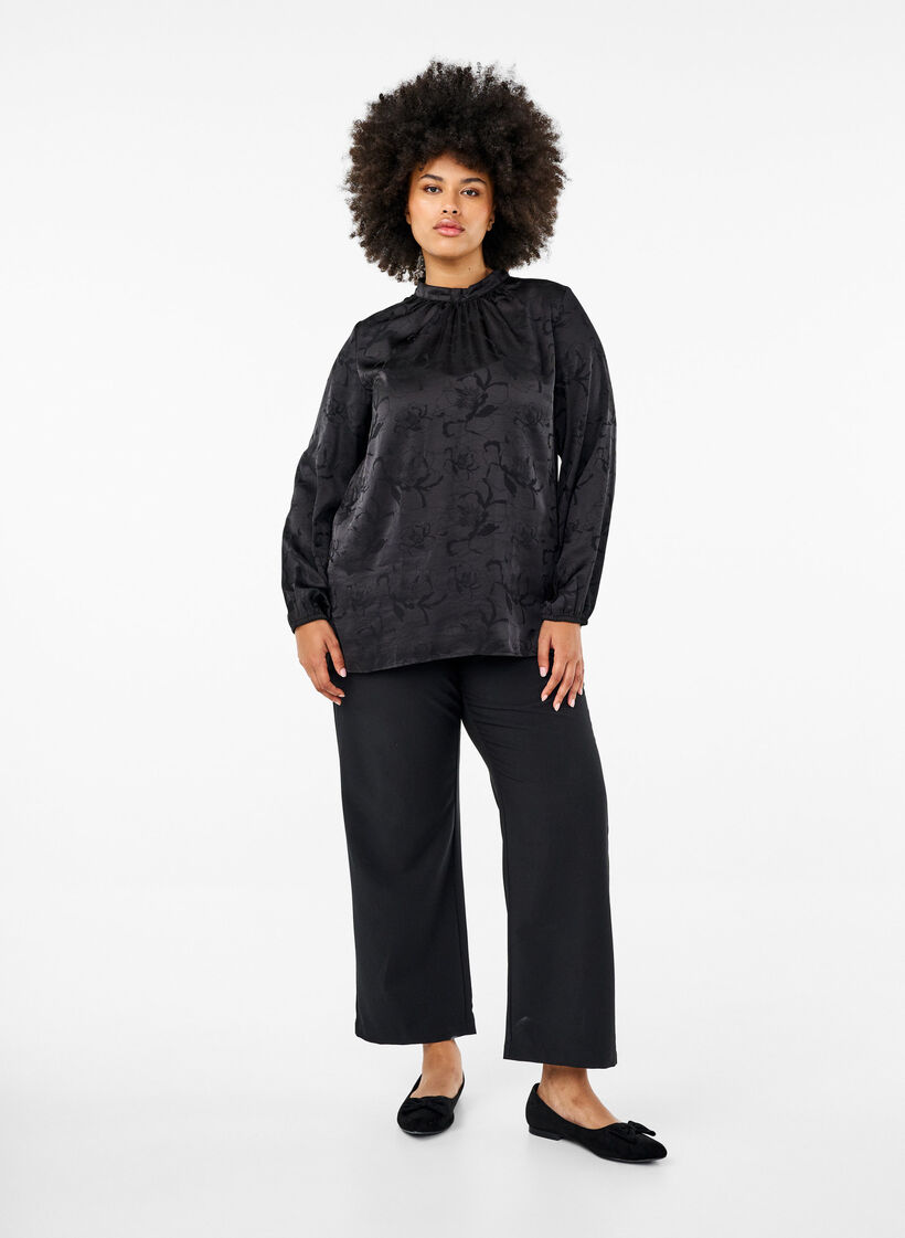 Satin blouse with tone-on-tone pattern, Black, Model image number 2