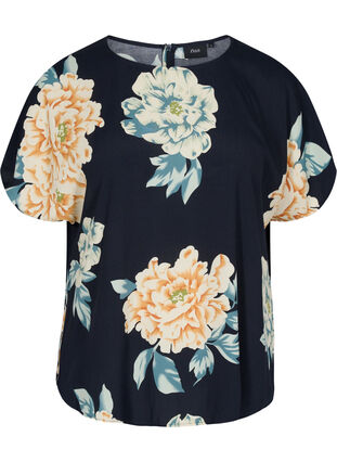 Printed short-sleeved viscose blouse, Roses on Navy, Packshot image number 0