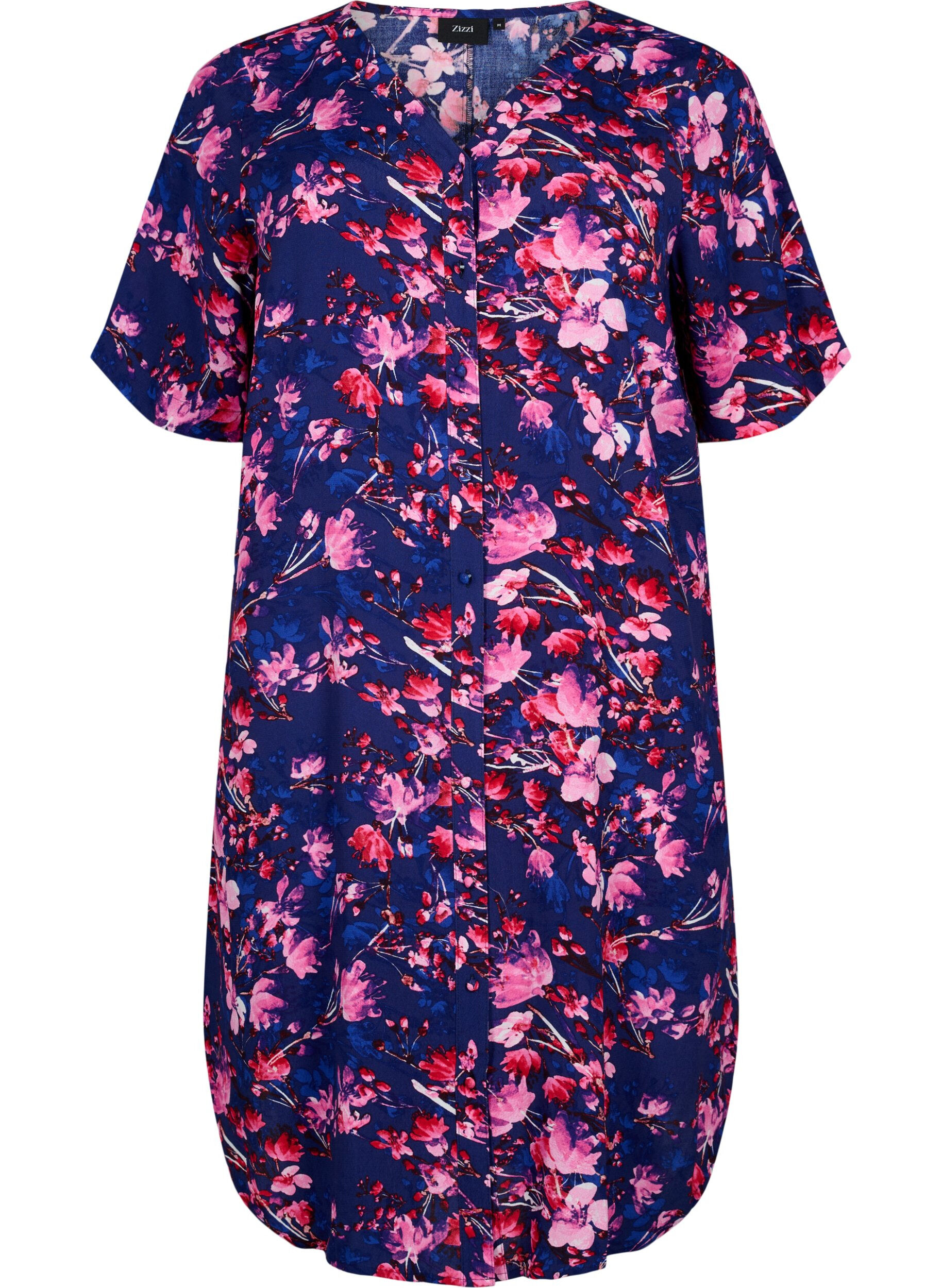 Zizzifashion Viscose midi dress with floral print, B. Blue Pink Flower, Packshot image number 0