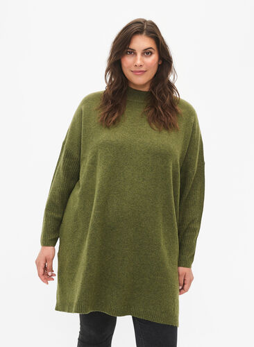 Melange knit sweater with slit, W. Moss/Black Mel., Model image number 0