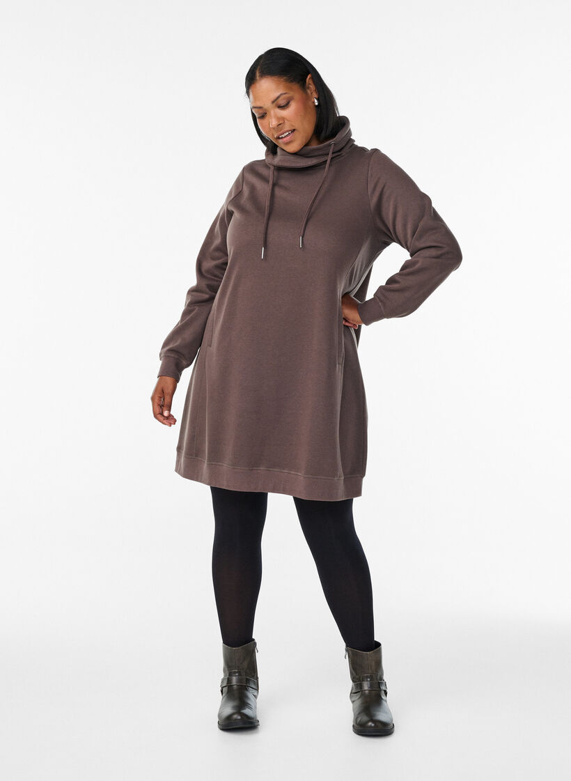 Short sweatshirt dress with high collar and pockets, Brown, Model image number 1