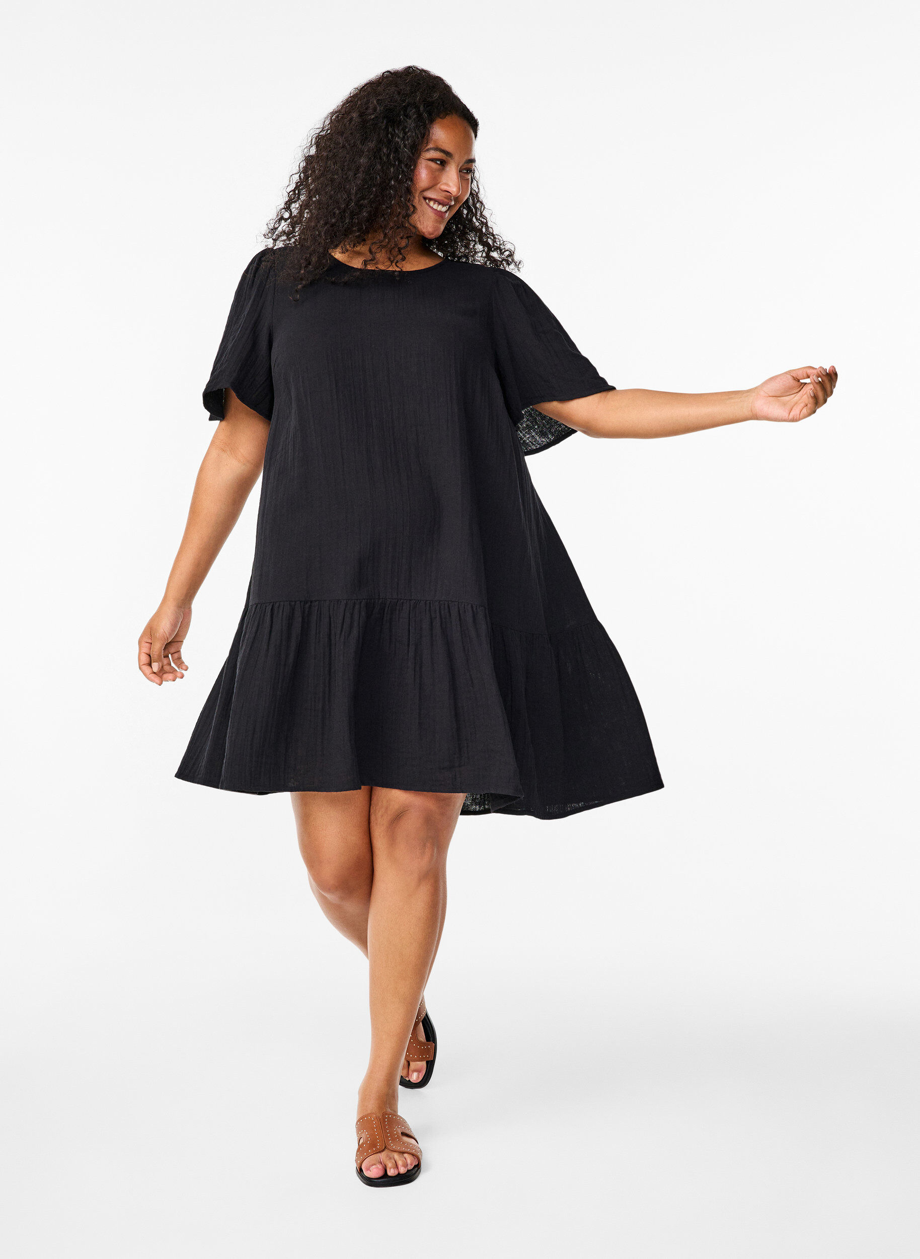 ZizzifashionCotton short-sleeved dress with a-line cut, Black, Model image number 1