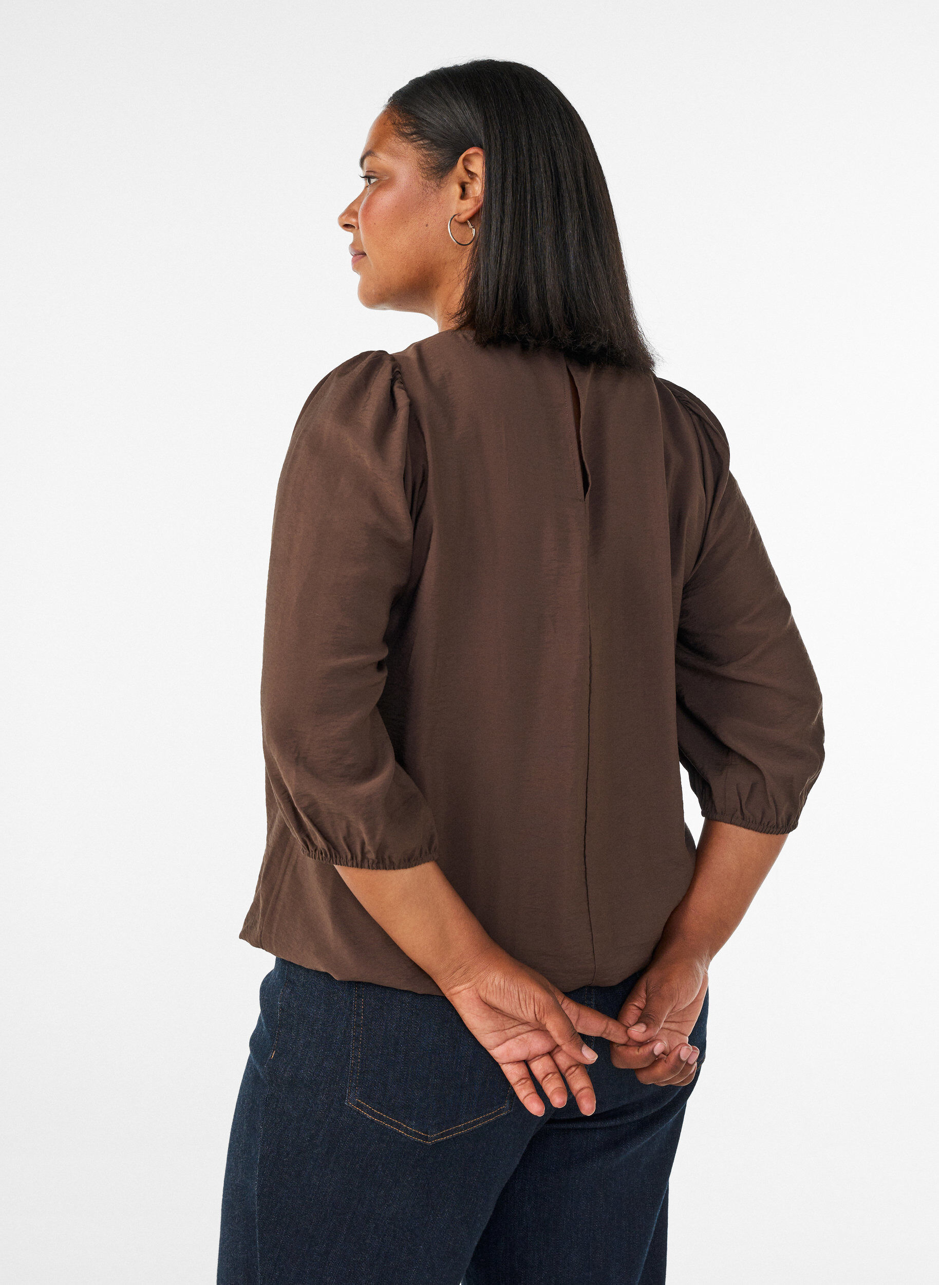 ZizzifashionBlouse with 3/4 sleeves and lace details, Brown, Model image number 2