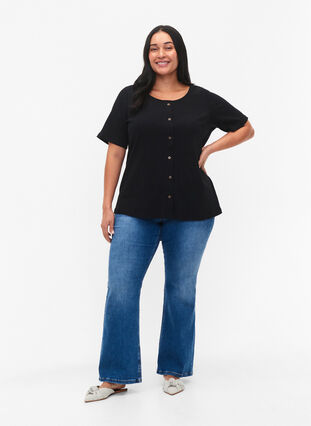 Short-sleeved ribbed t-shirt with buttons, Black, Model image number 2