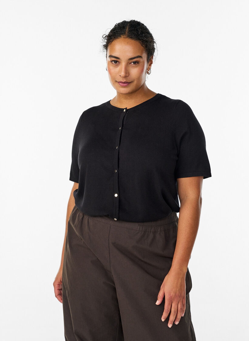 Short-sleeved knit cardigan in viscose, Black, Model image number 0