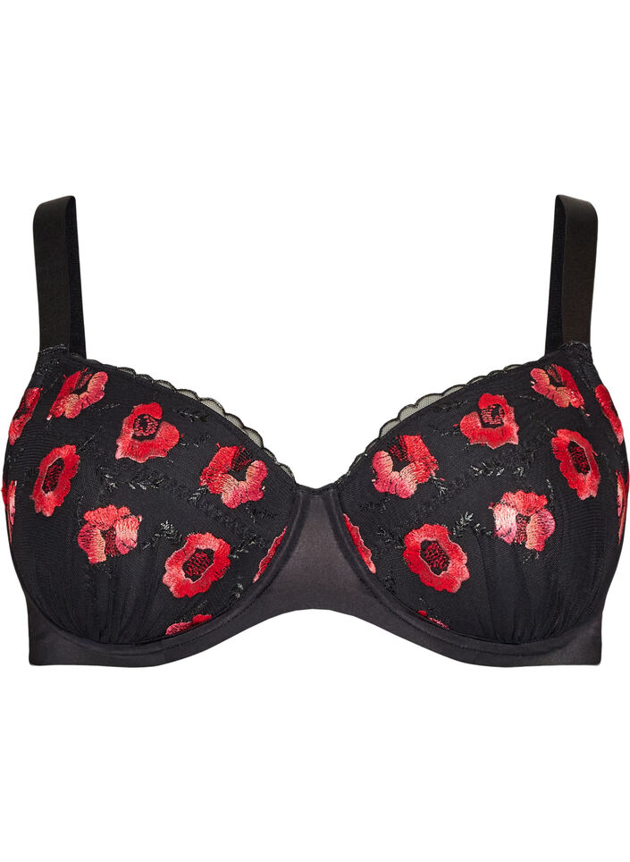 Padded underwired bra with floral embroidery, Black, Packshot image number 0