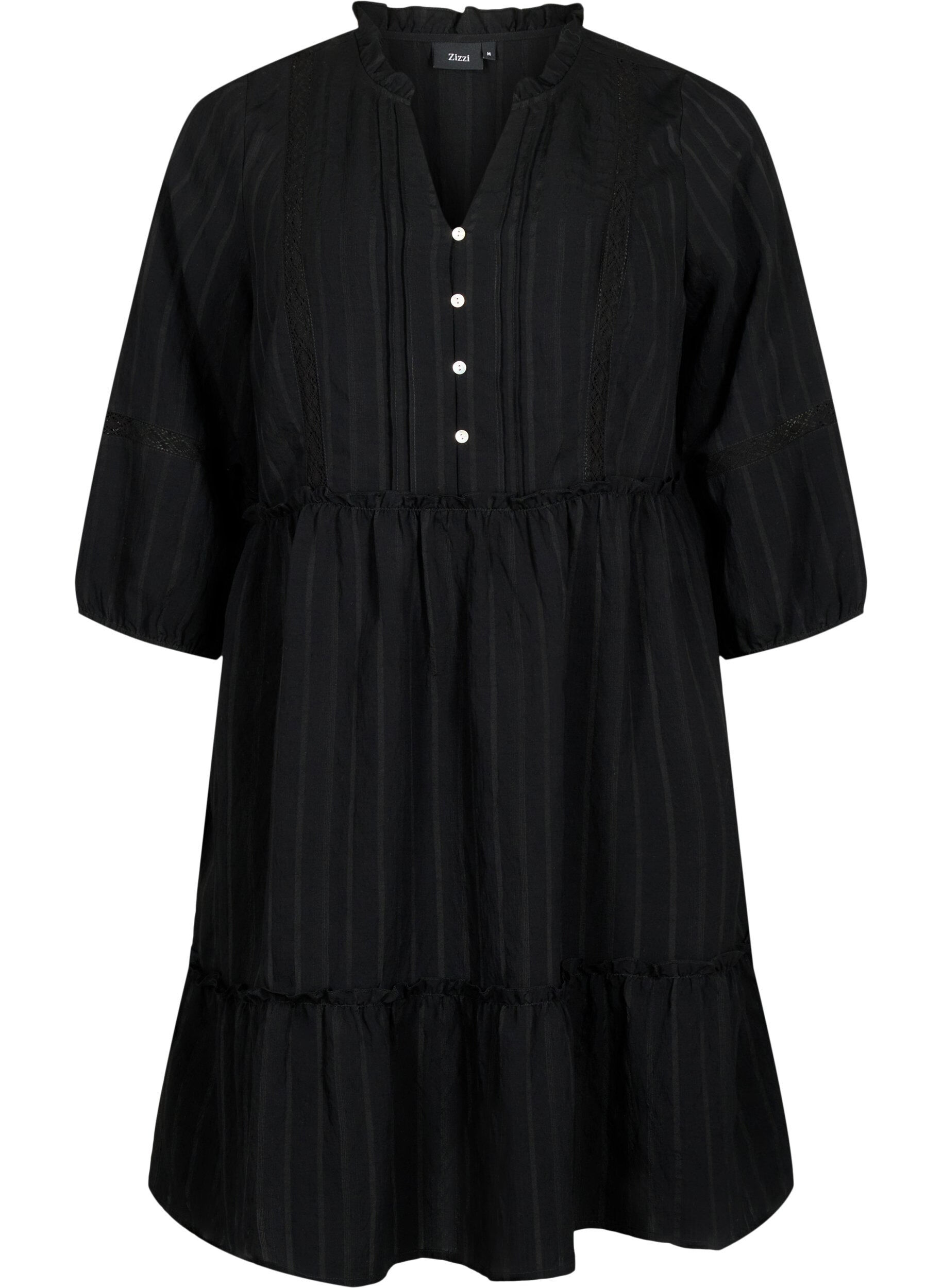 Zizzifashion Striped viscose dress with lace band and 3/4 sleeves, Black, Packshot image number 0