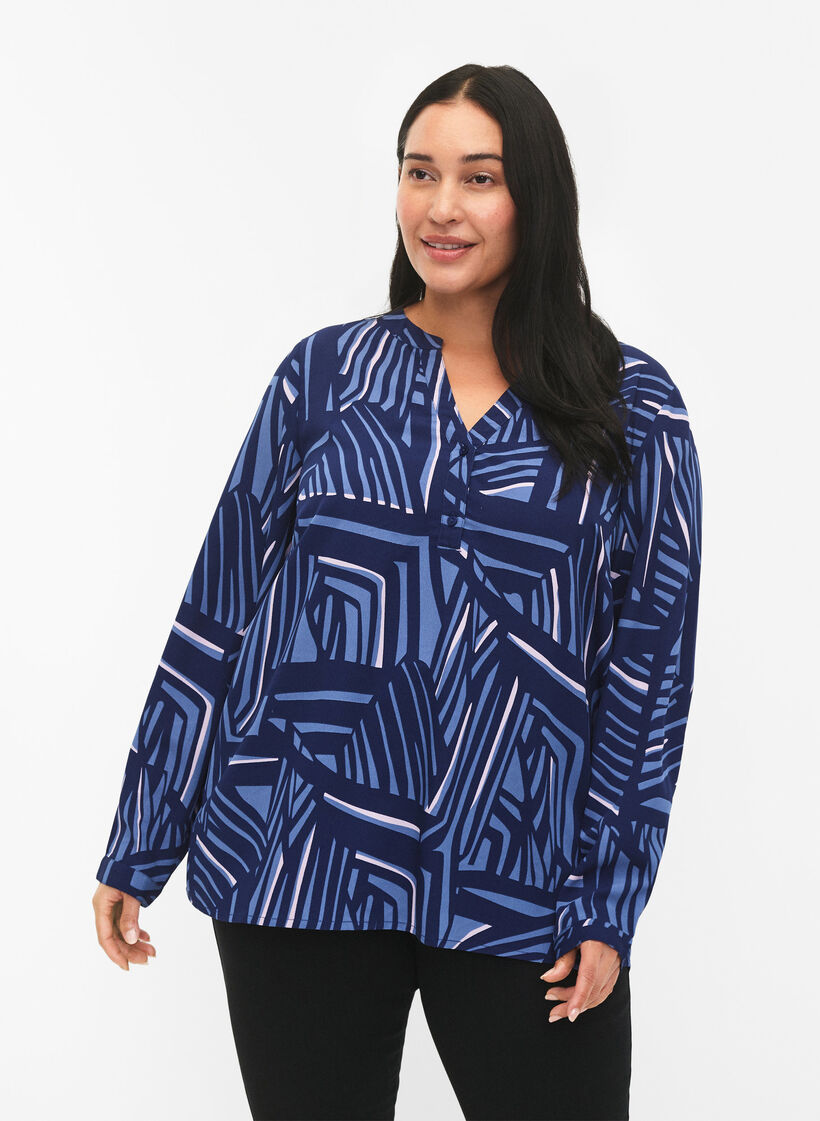 FLASH - Long sleeve blouse with print, Medieval Blue AOP, Model image number 0