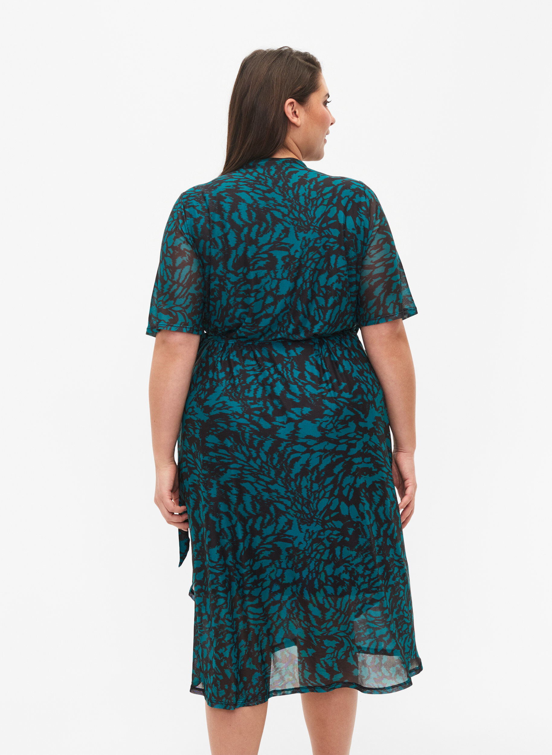 Zizzifashion Printed wrap midi dress, Black Green AOP, Model image number 1