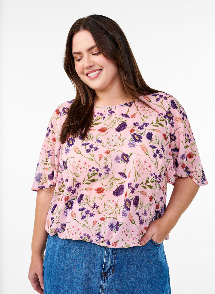 Floral blouse with short sleeves and smocking, Rose, Model image number 0