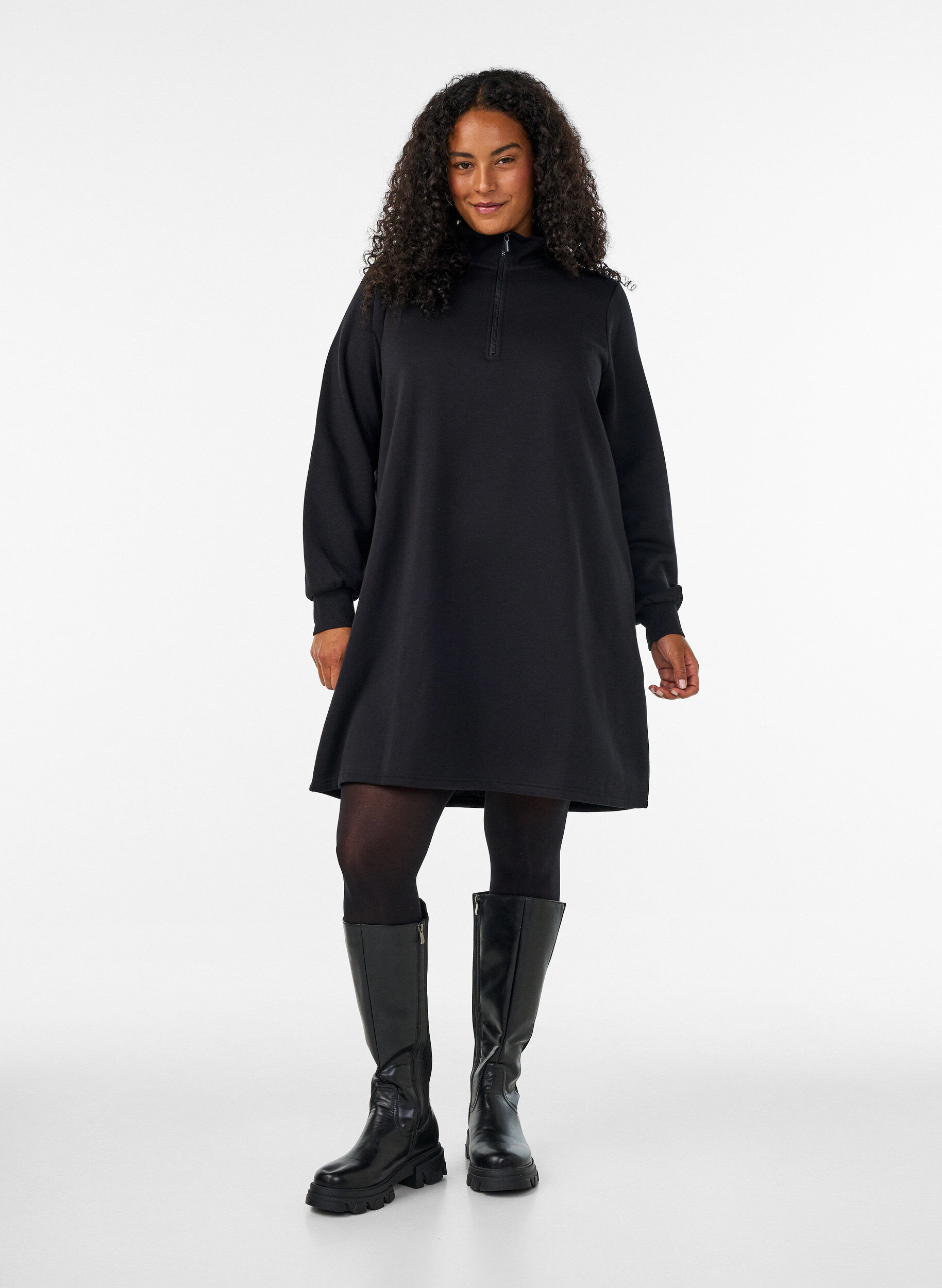ZizzifashionSweatshirt dress with a high ribbed collar and zip, Black, Model image number 1