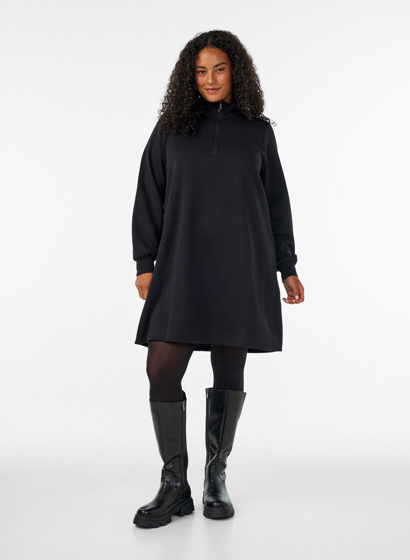 Sweatshirt dress with a high ribbed collar and zip, Black, Model image number 1