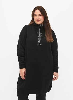 Sporty sweat dress with a hood, Black/Grey, Model image number 0