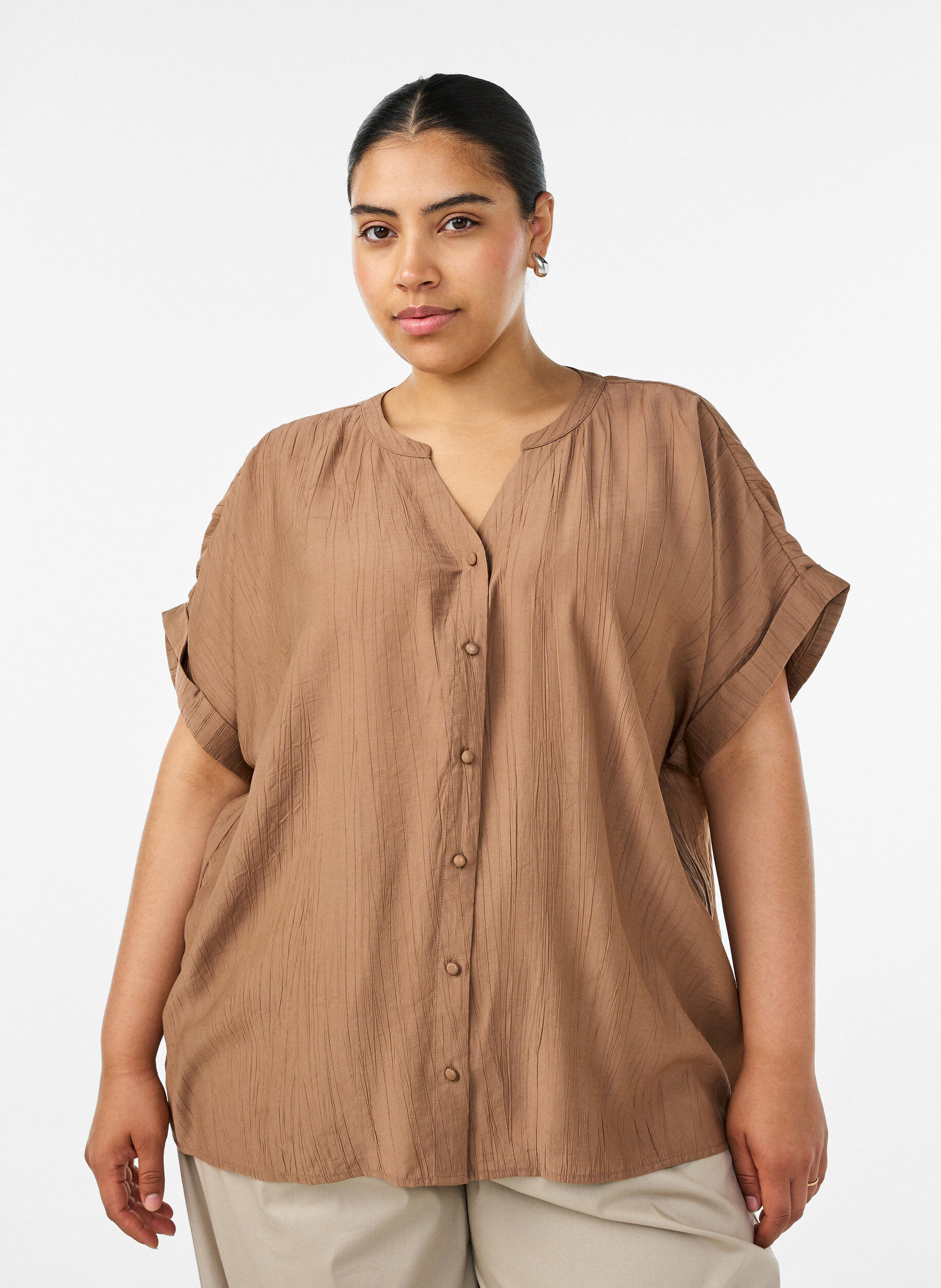 Zizzifashion Viscose blouse with buttons and texture, Brown, Model image number 0