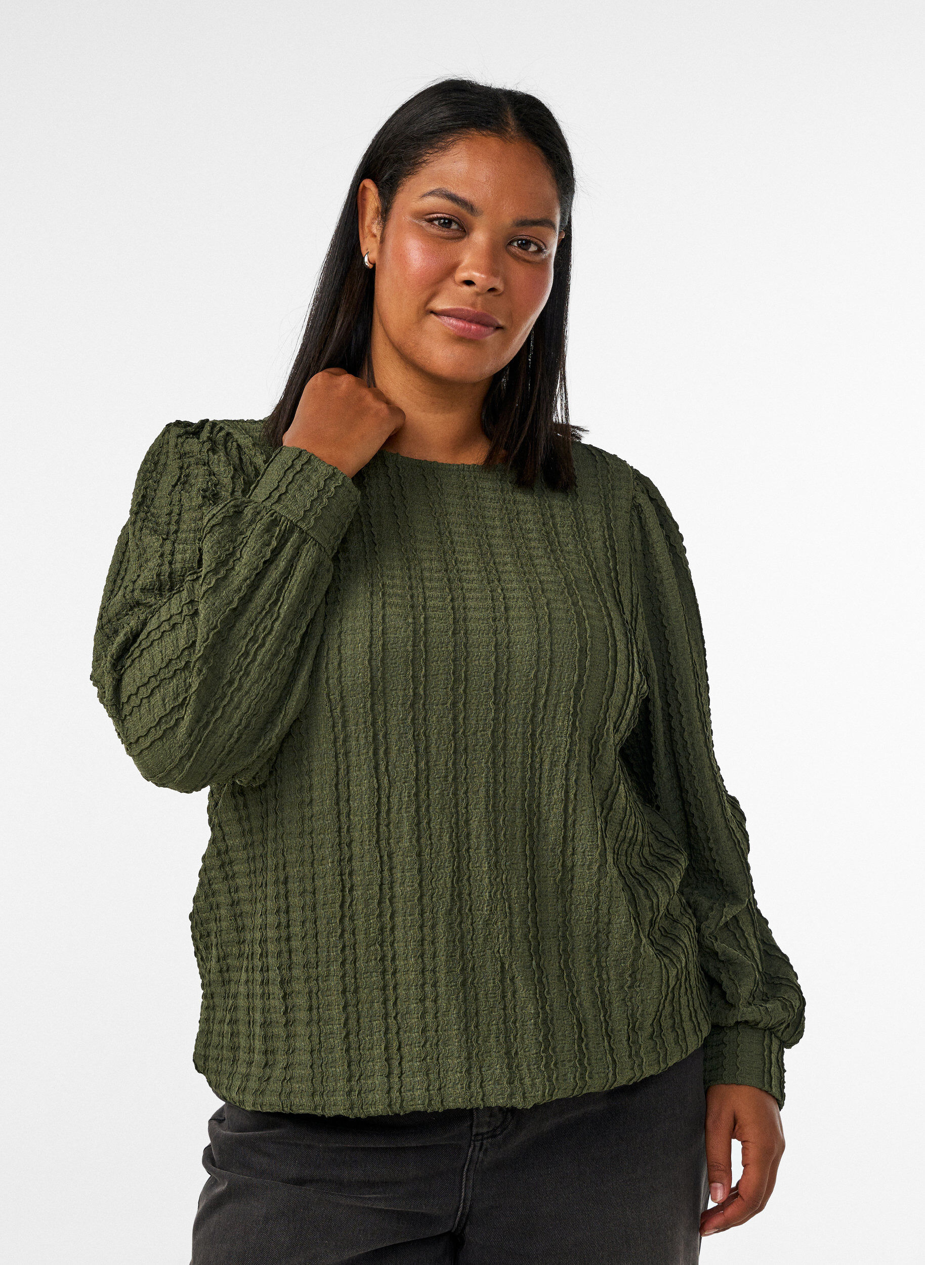 ZizzifashionTextured jersey blouse with a balloon silhouette, Green, Model image number 0