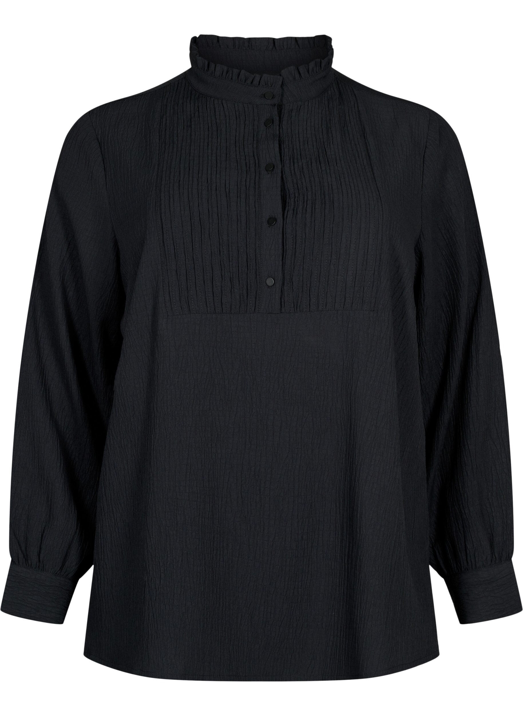 Zizzifashion Long-sleeved blouse with ruffle collar, Black, Packshot image number 0