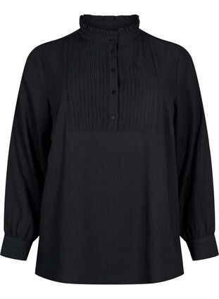 Long-sleeved blouse with ruffle collar, Black, Packshot image number 0