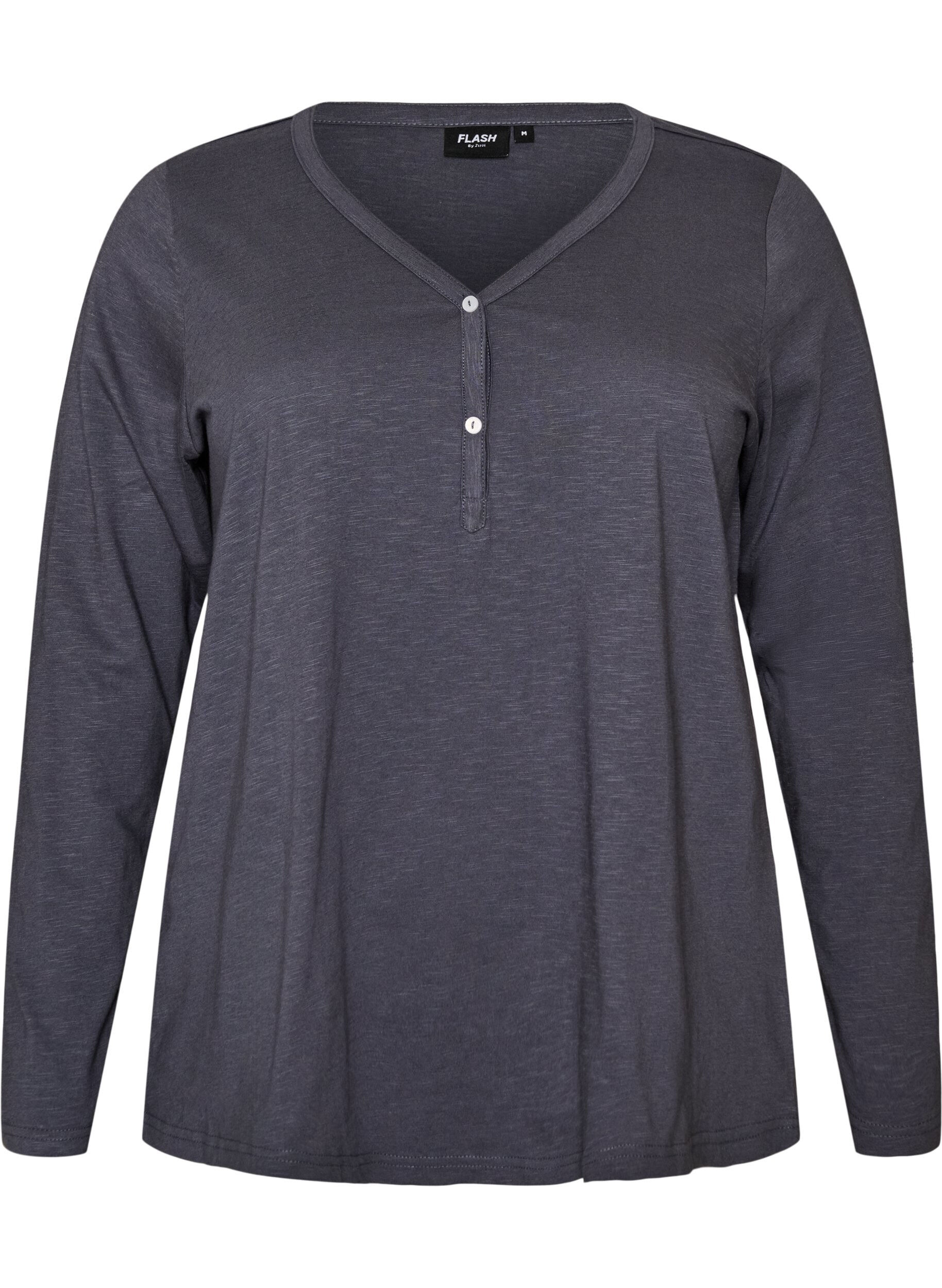ZizzifashionLong-sleeved t-shirt with V-neck and buttons, Grey, Packshot image number 0