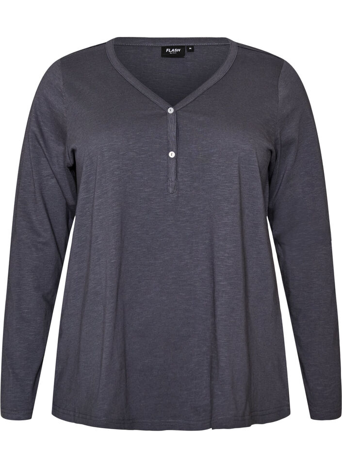 Long-sleeved t-shirt with V-neck and buttons, Grey, Packshot image number 0