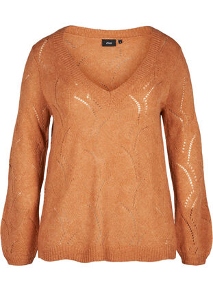 Pattern knitted top with wool, Amber Brown MEL, Packshot image number 0
