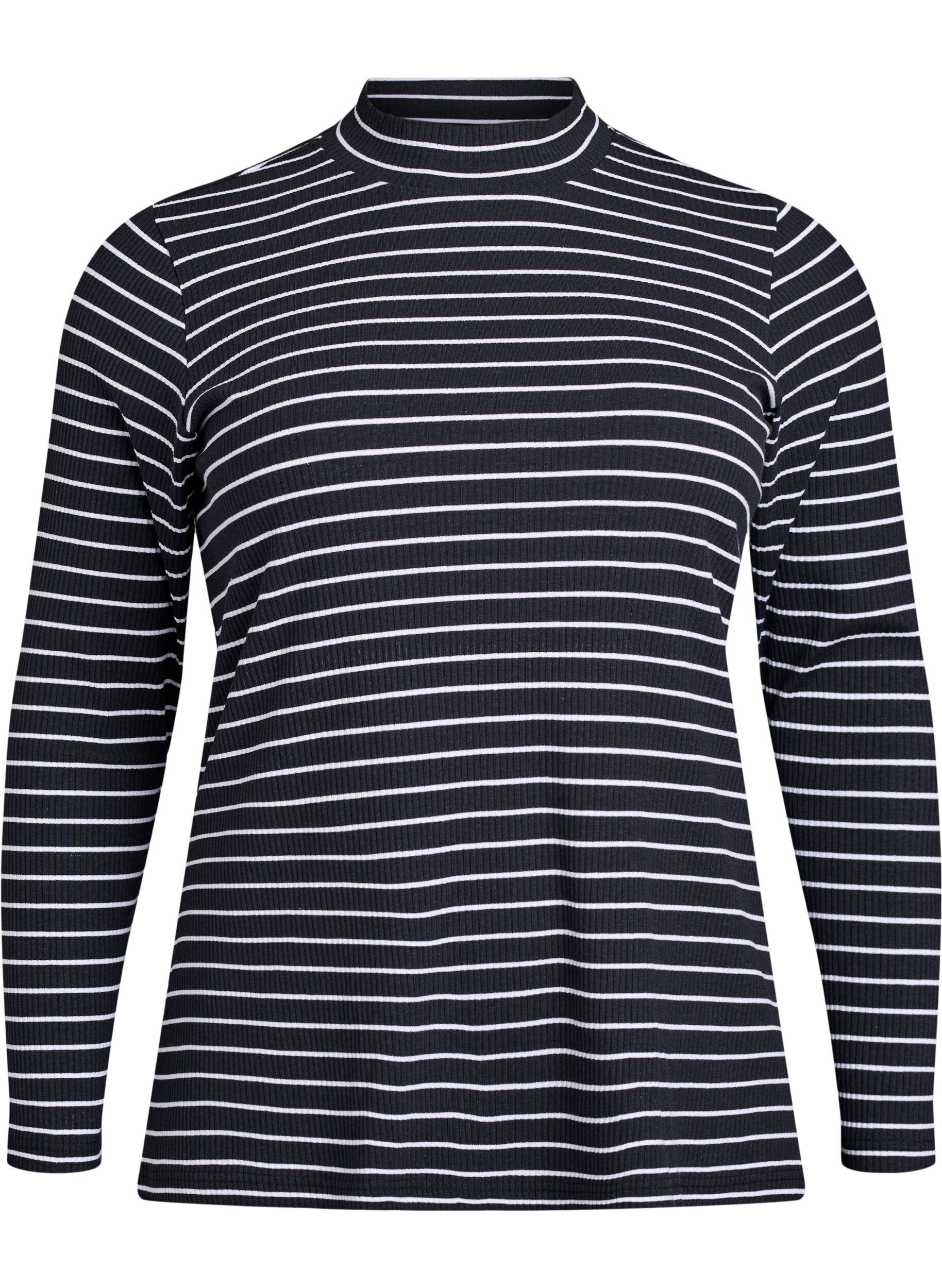 Striped ribbed jersey blouse with a high neck