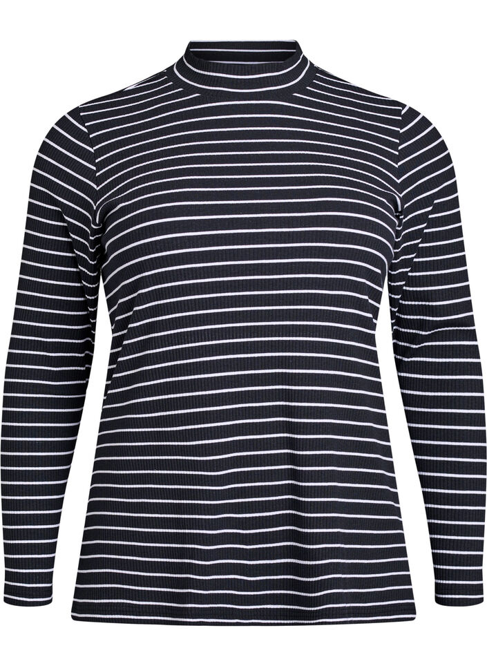 Striped ribbed jersey blouse with a high neck, Black, Packshot image number 0