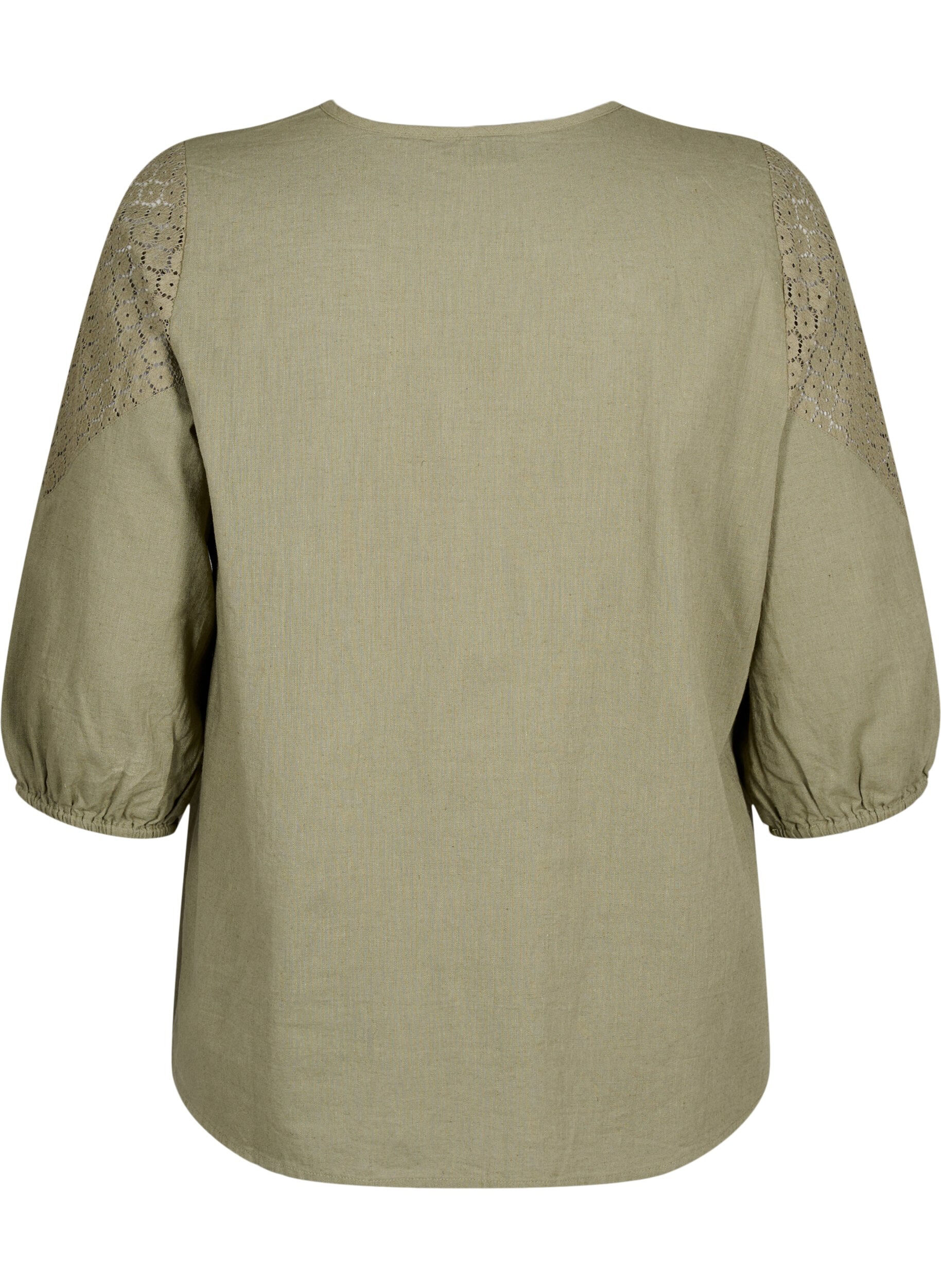Zizzifashion Blouse in a cotton mix with linen and crochet detail, Deep Lichen Green, Packshot image number 1