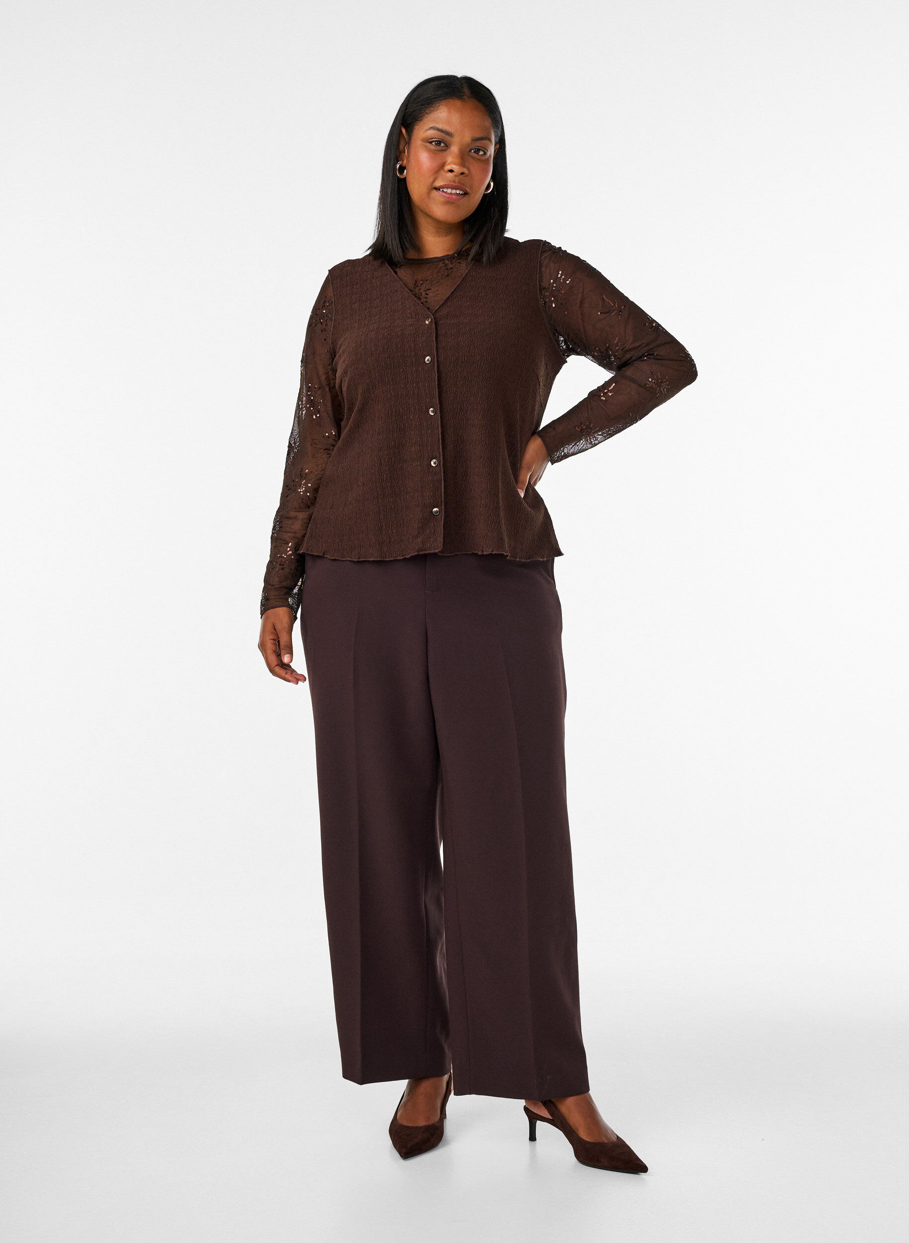 ZizzifashionMesh blouse with flowers and sequins, Brown, Model image number 1