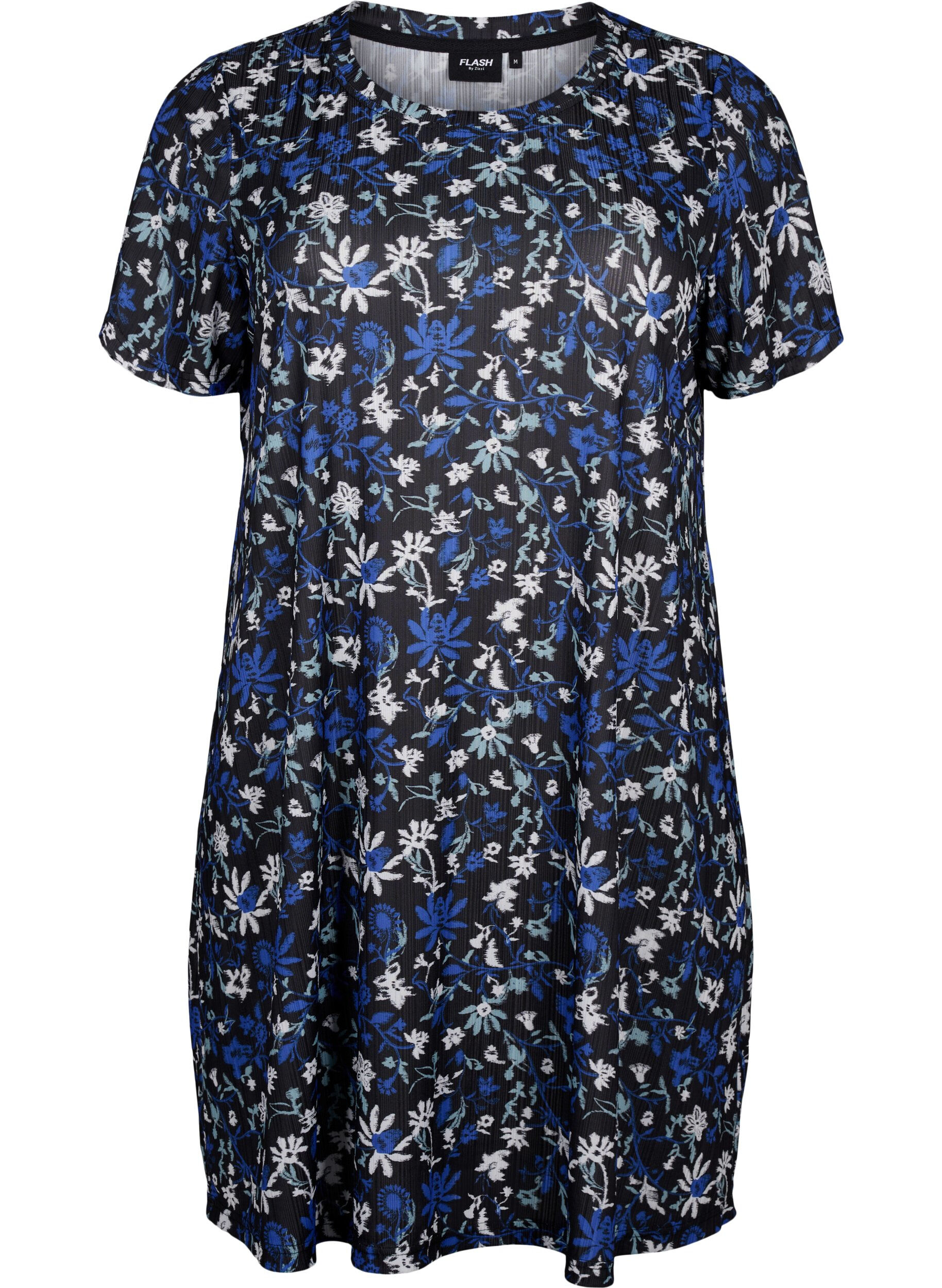 Zizzifashion FLASH - Floral print dress with short sleeves, Black Blue Green AOP, Packshot image number 0