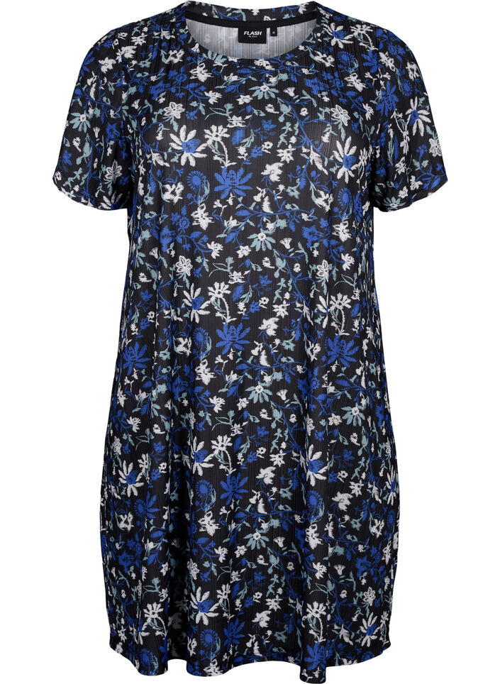 FLASH - Floral print dress with short sleeves, Black Blue Green AOP, Packshot image number 0