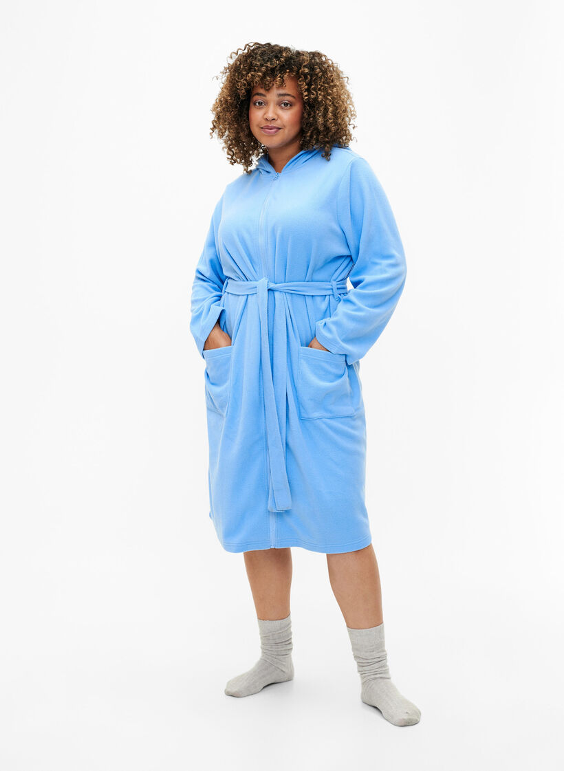 Morning robe with zipper and hood, Light Blue, Model image number 1
