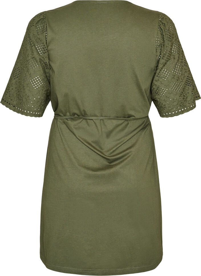 Cotton dress with broderie anglaise sleeves and a tie-waist, Green, Packshot image number 1
