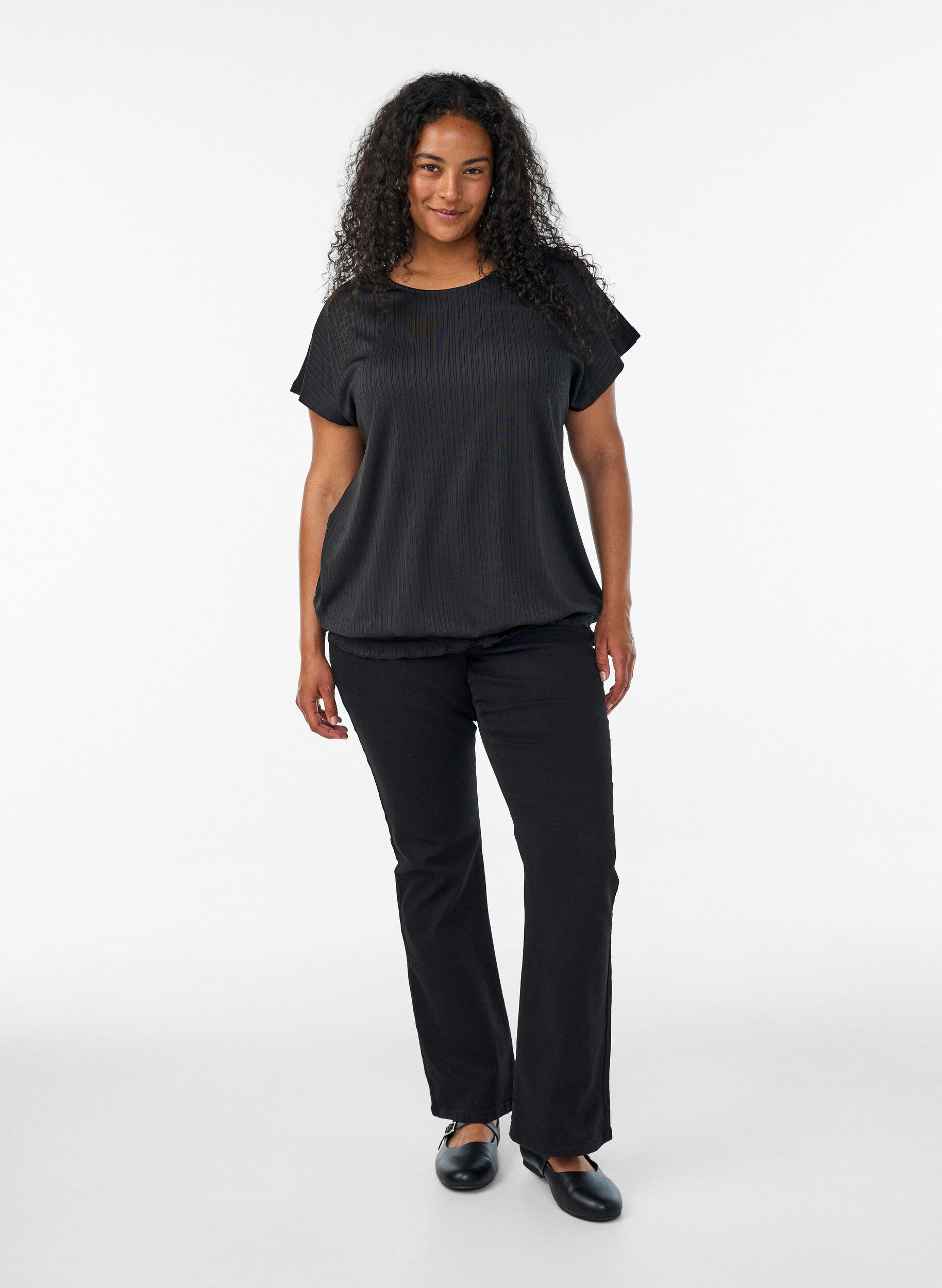 Zizzifashion Jersey blouse with textured stripes and a smocked hem, Black, Model image number 1