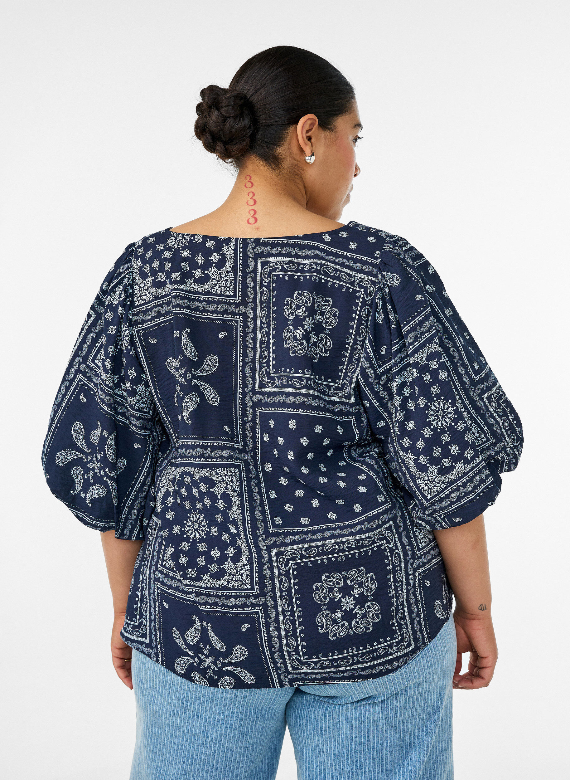 Zizzifashion Viscose blouse with paisley print and balloon sleeves, Blue, Model image number 2