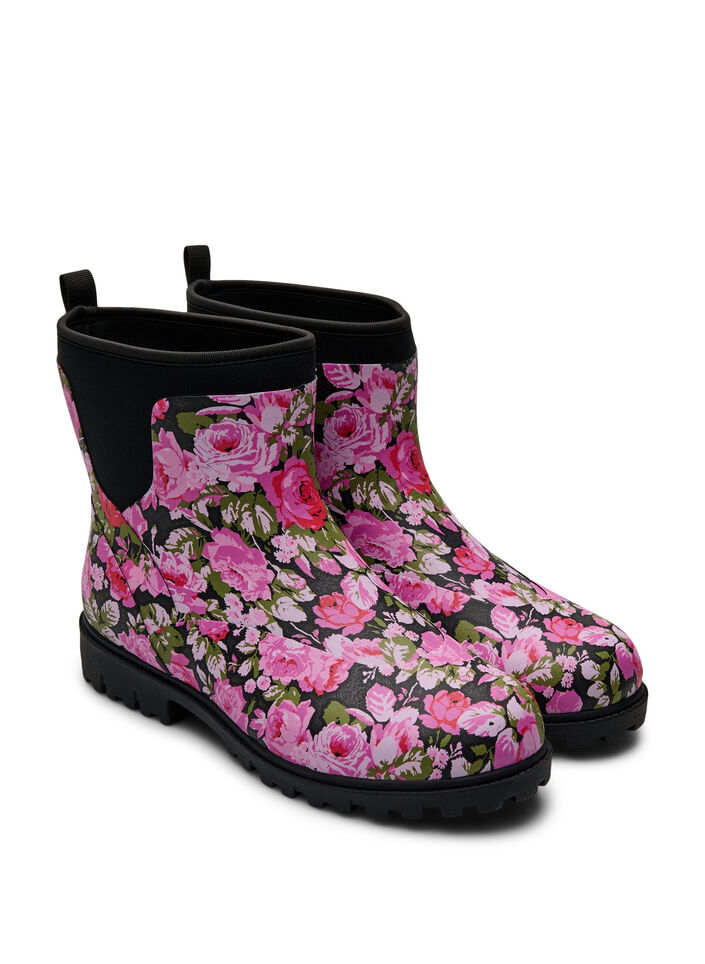 Wide fit - Short wellies with elastic neoprene shaft, Flower AOP, Packshot image number 1