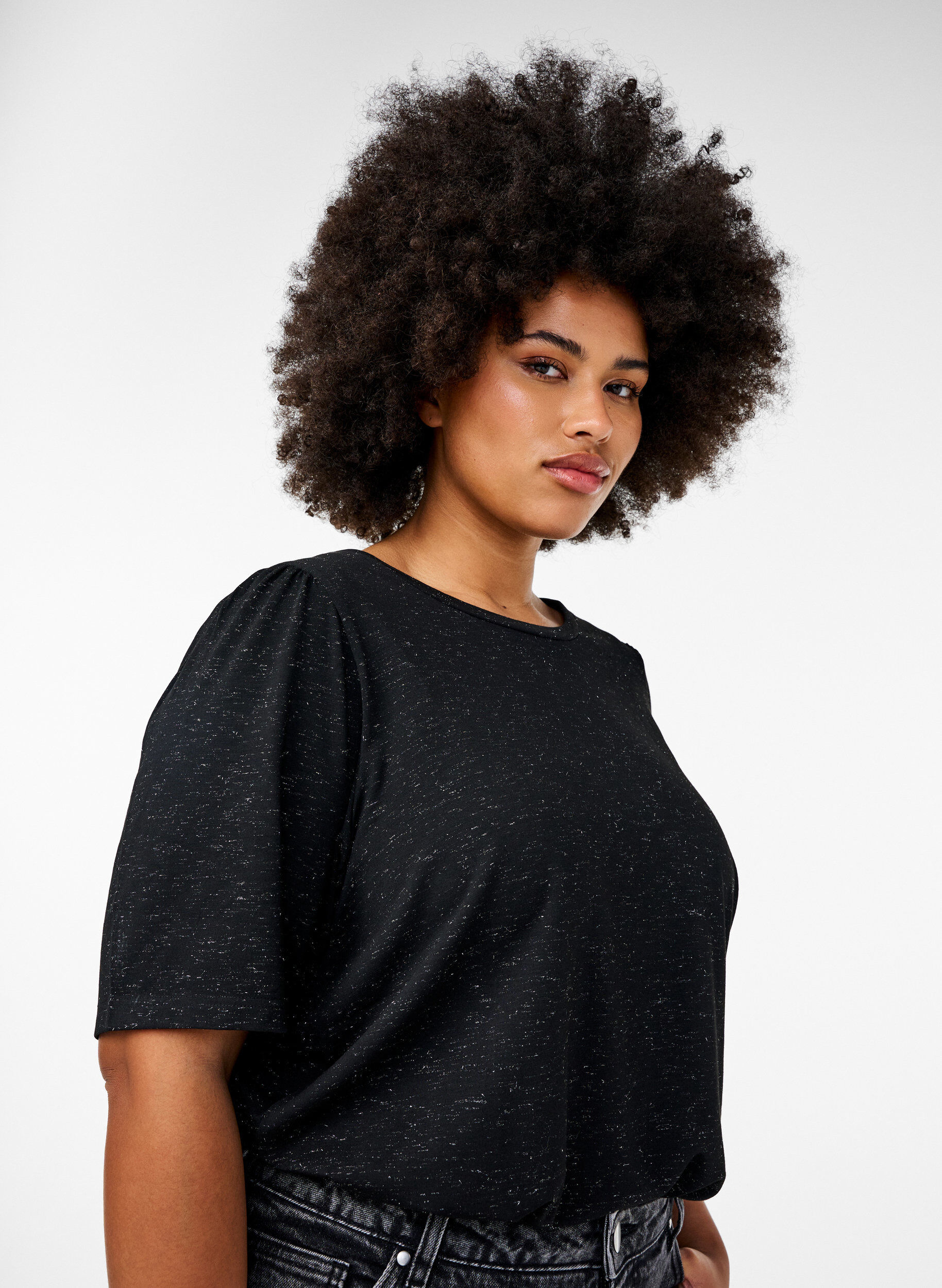 Zizzifashion T-shirt with glitter and short puff sleeves, Black, Model image number 3
