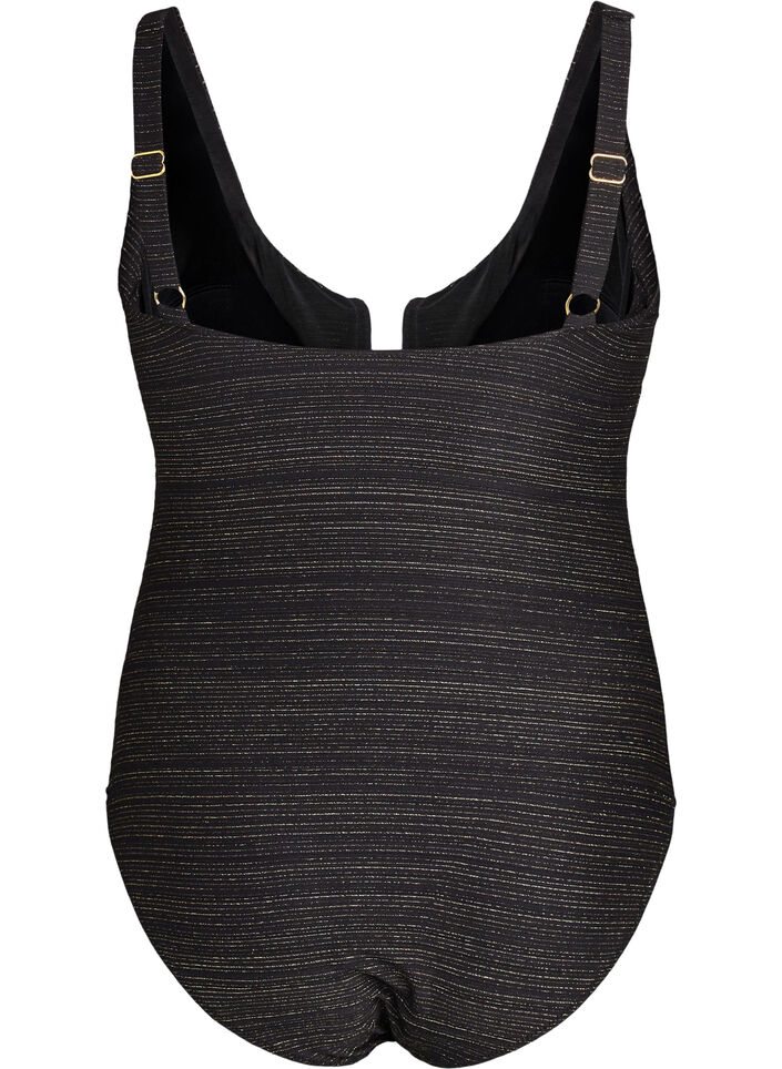 Swimsuit with textured stripe and front detail, Black, Packshot image number 1