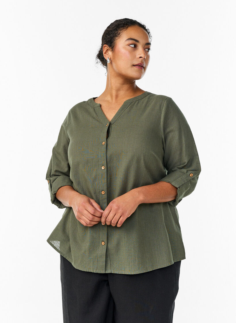 Cotton shirt blouse with V-neck, Green, Model image number 0