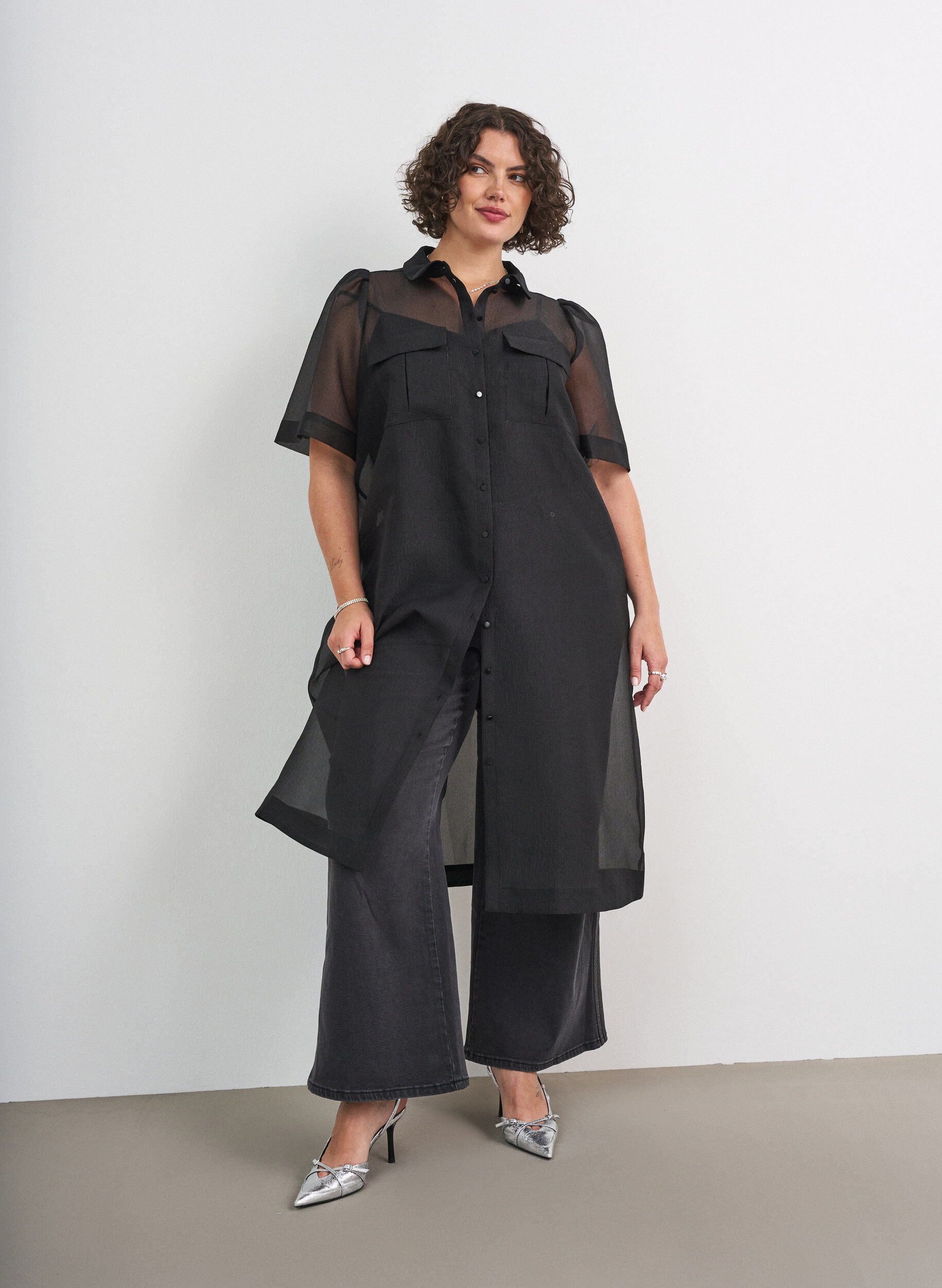 ZizzifashionOrganza dress with chest pockets and puff sleeves, Black, Model image number 0
